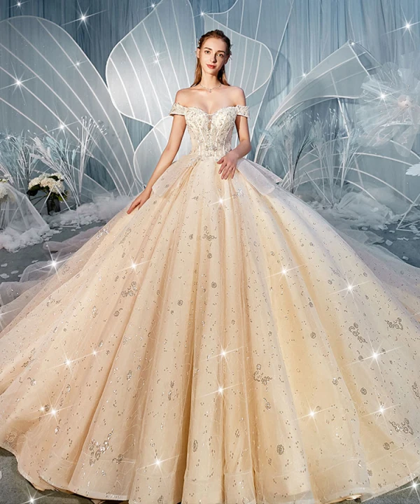 Luxury / Gorgeous Champagne Wedding Dresses 2019 Ball Gown Off-The-Shoulder Short Sleeve Backless Glitter Sequins Tulle Cascading Ruffles Cathedral Train