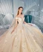 Luxury / Gorgeous Champagne Wedding Dresses 2019 Ball Gown Off-The-Shoulder Short Sleeve Backless Glitter Sequins Tulle Cascading Ruffles Cathedral Train
