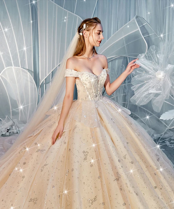 Luxury / Gorgeous Champagne Wedding Dresses 2019 Ball Gown Off-The-Shoulder Short Sleeve Backless Glitter Sequins Tulle Cascading Ruffles Cathedral Train