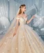 Luxury / Gorgeous Champagne Wedding Dresses 2019 Ball Gown Off-The-Shoulder Short Sleeve Backless Glitter Sequins Tulle Cascading Ruffles Cathedral Train