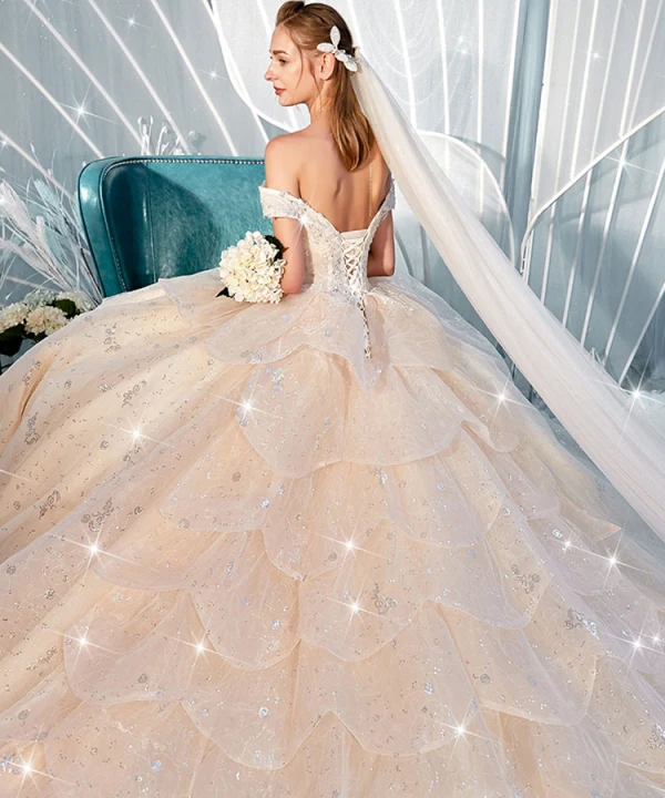 Luxury / Gorgeous Champagne Wedding Dresses 2019 Ball Gown Off-The-Shoulder Short Sleeve Backless Glitter Sequins Tulle Cascading Ruffles Cathedral Train