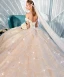 Luxury / Gorgeous Champagne Wedding Dresses 2019 Ball Gown Off-The-Shoulder Short Sleeve Backless Glitter Sequins Tulle Cascading Ruffles Cathedral Train