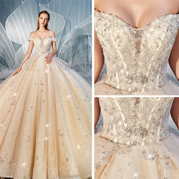 Luxury / Gorgeous Champagne Wedding Dresses 2019 Ball Gown Off-The-Shoulder Short Sleeve Backless Glitter Sequins Tulle Cascading Ruffles Cathedral Train