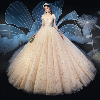 Chic Beautiful Champagne Wedding Dresses 2019 Ball Gown Off The Shoulder Short Sleeve Backless Beading Glitter Sequins Cathedral Train Ruffle