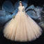 Schöne Champagner Brautkleider / Hochzeitskleider 2019 Ballkleid Off Shoulder Kurze Ärmel Rückenfreies Perlenstickerei Glanz Pailletten Kathedrale Schleppe Rüschen