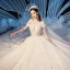 Schöne Champagner Brautkleider / Hochzeitskleider 2019 Ballkleid Off Shoulder Kurze Ärmel Rückenfreies Perlenstickerei Glanz Pailletten Kathedrale Schleppe Rüschen