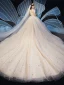 Schöne Champagner Brautkleider / Hochzeitskleider 2019 Ballkleid Off Shoulder Kurze Ärmel Rückenfreies Perlenstickerei Glanz Pailletten Kathedrale Schleppe Rüschen