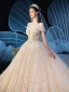 Schöne Champagner Brautkleider / Hochzeitskleider 2019 Ballkleid Off Shoulder Kurze Ärmel Rückenfreies Perlenstickerei Glanz Pailletten Kathedrale Schleppe Rüschen