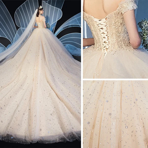Schöne Champagner Brautkleider / Hochzeitskleider 2019 Ballkleid Off Shoulder Kurze Ärmel Rückenfreies Perlenstickerei Glanz Pailletten Kathedrale Schleppe Rüschen