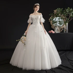 Affordable Ivory Outdoor Garden Wedding Dresses 2019 A Line Princess Off The Shoulder Bell Sleeves Backless Appliques Lace Flower Beading Glitter Tulle Floor Length Long