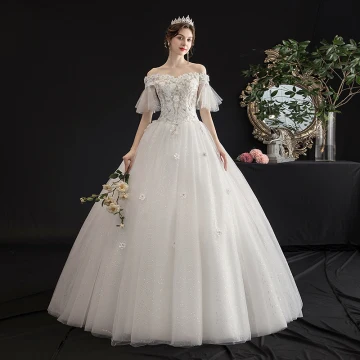 Affordable Ivory Outdoor Garden Wedding Dresses 2019 A Line Princess Off The Shoulder Bell Sleeves Backless Appliques Lace Flower Beading Glitter Tulle Floor Length Long