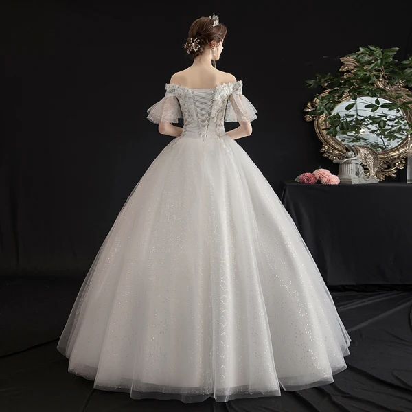Affordable Ivory Outdoor / Garden Wedding Dresses 2019 A-Line / Princess Off-The-Shoulder Bell sleeves Backless Appliques Lace Flower Beading Glitter Tulle Floor-Length / Long