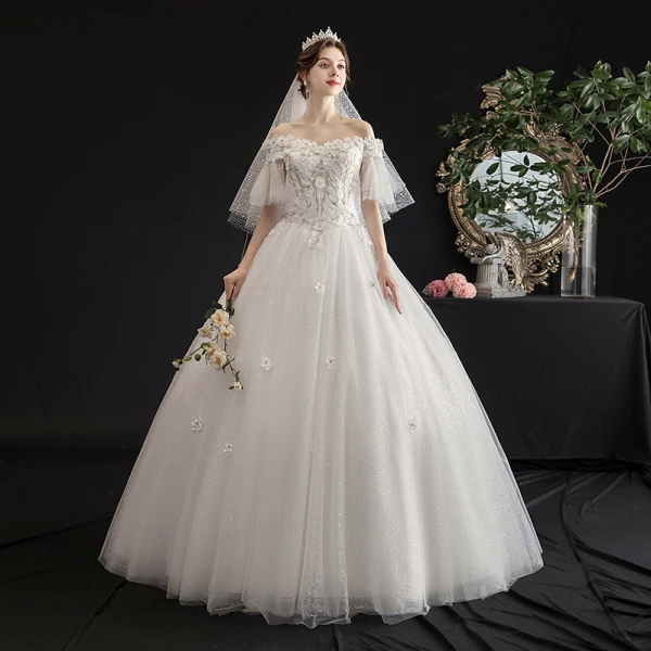 Affordable Ivory Outdoor / Garden Wedding Dresses 2019 A-Line / Princess Off-The-Shoulder Bell sleeves Backless Appliques Lace Flower Beading Glitter Tulle Floor-Length / Long