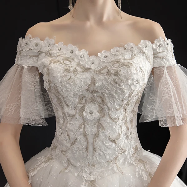 Affordable Ivory Outdoor / Garden Wedding Dresses 2019 A-Line / Princess Off-The-Shoulder Bell sleeves Backless Appliques Lace Flower Beading Glitter Tulle Floor-Length / Long