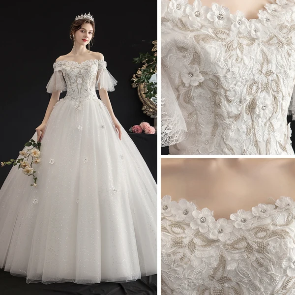 Affordable Ivory Outdoor / Garden Wedding Dresses 2019 A-Line / Princess Off-The-Shoulder Bell sleeves Backless Appliques Lace Flower Beading Glitter Tulle Floor-Length / Long