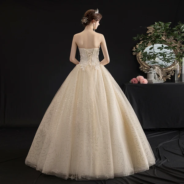 Rimelig Champagne Hage / utendørs Brudekjoler 2019 Prinsesse Kjæreste Uten Ermer Ryggløse Appliques Blonder Beading Glitter Tyll Lange Buste