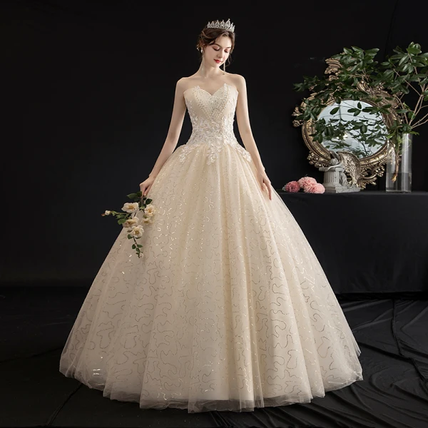 Rimelig Champagne Hage / utendørs Brudekjoler 2019 Prinsesse Kjæreste Uten Ermer Ryggløse Appliques Blonder Beading Glitter Tyll Lange Buste