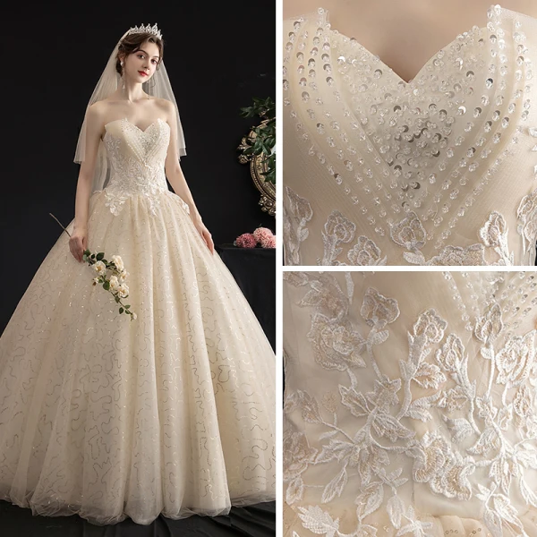 Rimelig Champagne Hage / utendørs Brudekjoler 2019 Prinsesse Kjæreste Uten Ermer Ryggløse Appliques Blonder Beading Glitter Tyll Lange Buste