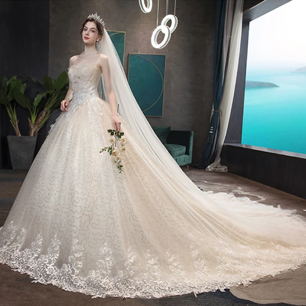 Erschwinglich Champagner Brautkleider / Hochzeitskleider 2019 A Linie Herz-Ausschnitt Ärmellos Rückenfreies Applikationen Spitze Perle Perlenstickerei Glanz Pailletten Tülle Kapelle-Schleppe Rüschen