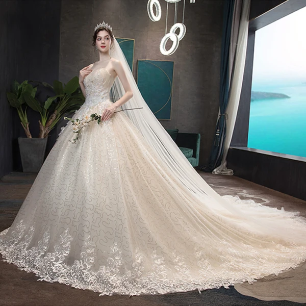 Erschwinglich Champagner Brautkleider / Hochzeitskleider 2019 A Linie Herz-Ausschnitt Ärmellos Rückenfreies Applikationen Spitze Perle Perlenstickerei Glanz Pailletten Tülle Kapelle-Schleppe Rüschen