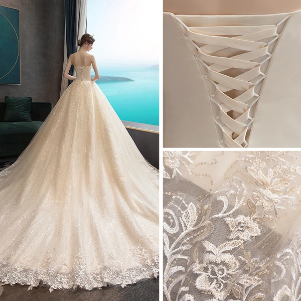 Erschwinglich Champagner Brautkleider / Hochzeitskleider 2019 A Linie Herz-Ausschnitt Ärmellos Rückenfreies Applikationen Spitze Perle Perlenstickerei Glanz Pailletten Tülle Kapelle-Schleppe Rüschen