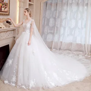 Romantic Ivory Wedding Dresses 2019 A Line Princess See Through V Neck Sleeveless Backless Appliques Lace Watteau Train Ruffle