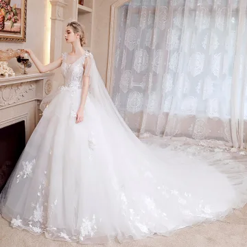 Romantic Ivory Wedding Dresses 2019 A Line Princess See Through V Neck Sleeveless Backless Appliques Lace Watteau Train Ruffle