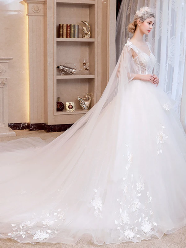 Romantisch Ivory / Creme Brautkleider / Hochzeitskleider 2019 A Linie Durchsichtige V-Ausschnitt Ärmellos Rückenfreies Applikationen Spitze Watteau-falte Rüschen