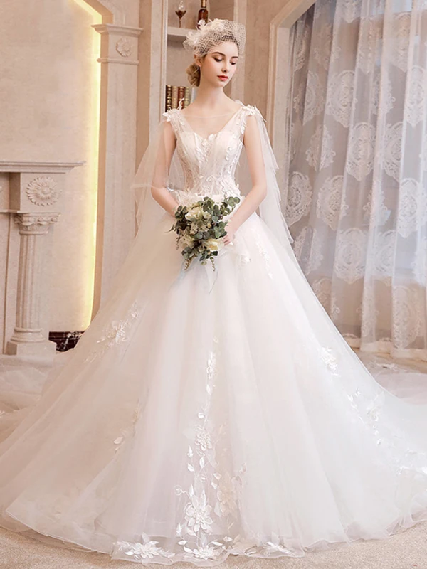 Romantisch Ivory / Creme Brautkleider / Hochzeitskleider 2019 A Linie Durchsichtige V-Ausschnitt Ärmellos Rückenfreies Applikationen Spitze Watteau-falte Rüschen