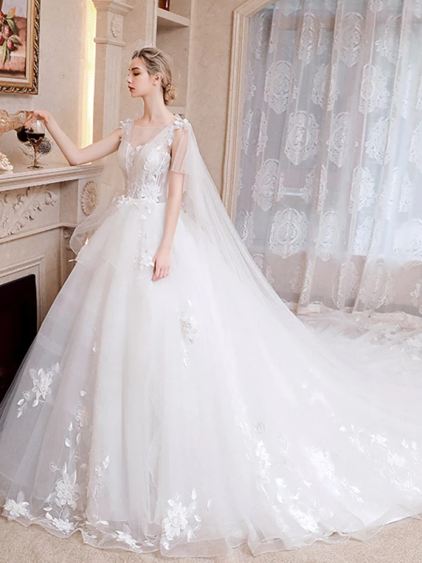 Romantisch Ivory / Creme Brautkleider / Hochzeitskleider 2019 A Linie Durchsichtige V-Ausschnitt Ärmellos Rückenfreies Applikationen Spitze Watteau-falte Rüschen