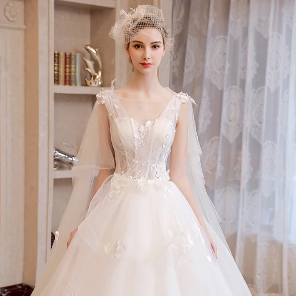 Romantisch Ivory / Creme Brautkleider / Hochzeitskleider 2019 A Linie Durchsichtige V-Ausschnitt Ärmellos Rückenfreies Applikationen Spitze Watteau-falte Rüschen