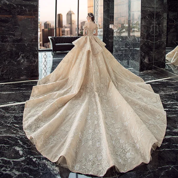 Luxury / Gorgeous Champagne Wedding Dresses 2019 Ball Gown Off-The-Shoulder Short Sleeve Backless Appliques Lace Sequins Beading Glitter Tulle Cathedral Train