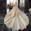 Luxury / Gorgeous Champagne Wedding Dresses 2019 Ball Gown Off-The-Shoulder Short Sleeve Backless Appliques Lace Sequins Beading Glitter Tulle Cathedral Train