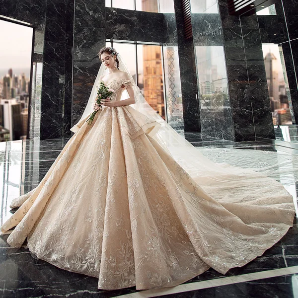 Luxury / Gorgeous Champagne Wedding Dresses 2019 Ball Gown Off-The-Shoulder Short Sleeve Backless Appliques Lace Sequins Beading Glitter Tulle Cathedral Train