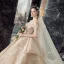 Luxury / Gorgeous Champagne Wedding Dresses 2019 Ball Gown Off-The-Shoulder Short Sleeve Backless Appliques Lace Sequins Beading Glitter Tulle Cathedral Train