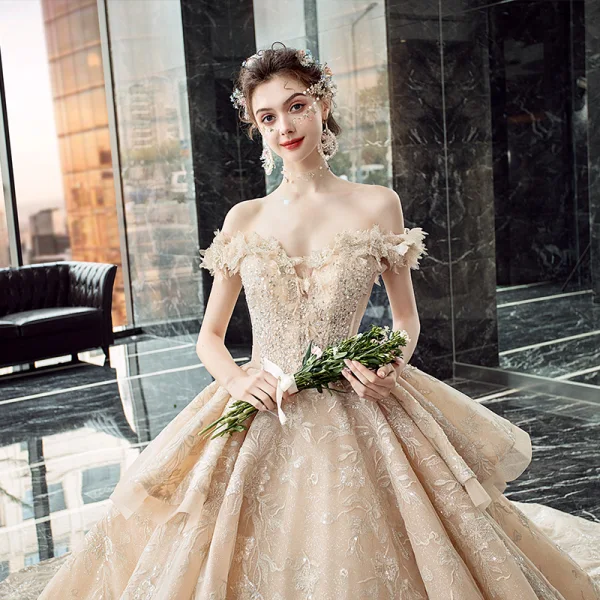 Luxury / Gorgeous Champagne Wedding Dresses 2019 Ball Gown Off-The-Shoulder Short Sleeve Backless Appliques Lace Sequins Beading Glitter Tulle Cathedral Train