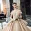 Luxury / Gorgeous Champagne Wedding Dresses 2019 Ball Gown Off-The-Shoulder Short Sleeve Backless Appliques Lace Sequins Beading Glitter Tulle Cathedral Train