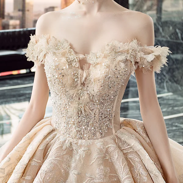 Luxury / Gorgeous Champagne Wedding Dresses 2019 Ball Gown Off-The-Shoulder Short Sleeve Backless Appliques Lace Sequins Beading Glitter Tulle Cathedral Train