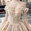 Luxury / Gorgeous Champagne Wedding Dresses 2019 Ball Gown Off-The-Shoulder Short Sleeve Backless Appliques Lace Sequins Beading Glitter Tulle Cathedral Train
