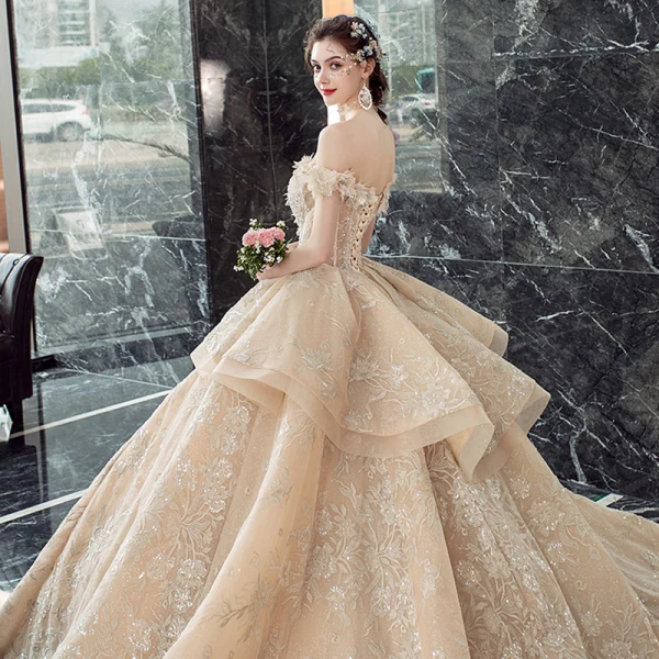 Luxury / Gorgeous Champagne Wedding Dresses 2019 Ball Gown Off-The-Shoulder Short Sleeve Backless Appliques Lace Sequins Beading Glitter Tulle Cathedral Train