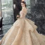 Luxury / Gorgeous Champagne Wedding Dresses 2019 Ball Gown Off-The-Shoulder Short Sleeve Backless Appliques Lace Sequins Beading Glitter Tulle Cathedral Train
