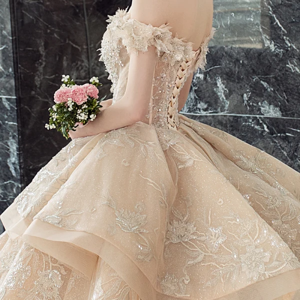 Luxury / Gorgeous Champagne Wedding Dresses 2019 Ball Gown Off-The-Shoulder Short Sleeve Backless Appliques Lace Sequins Beading Glitter Tulle Cathedral Train