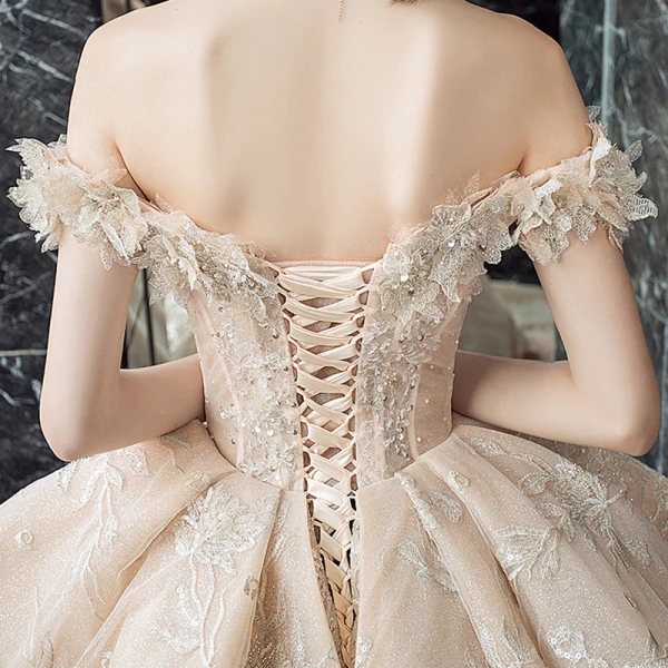 Luxury / Gorgeous Champagne Wedding Dresses 2019 Ball Gown Off-The-Shoulder Short Sleeve Backless Appliques Lace Sequins Beading Glitter Tulle Cathedral Train