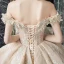 Luxury / Gorgeous Champagne Wedding Dresses 2019 Ball Gown Off-The-Shoulder Short Sleeve Backless Appliques Lace Sequins Beading Glitter Tulle Cathedral Train