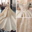 Luxury / Gorgeous Champagne Wedding Dresses 2019 Ball Gown Off-The-Shoulder Short Sleeve Backless Appliques Lace Sequins Beading Glitter Tulle Cathedral Train