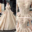 Luxury / Gorgeous Champagne Wedding Dresses 2019 Ball Gown Off-The-Shoulder Short Sleeve Backless Appliques Lace Sequins Beading Glitter Tulle Cathedral Train