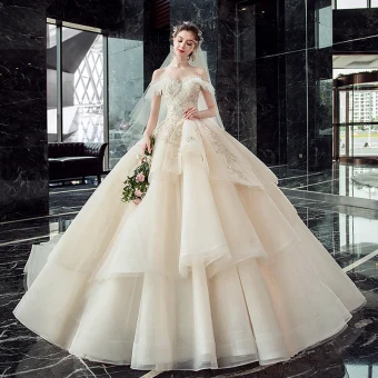 Chic Beautiful Champagne Wedding Dresses 2019 Ball Gown Off The Shoulder Short Sleeve Backless Appliques Lace Pearl Beading Glitter Tulle Cathedral Train
