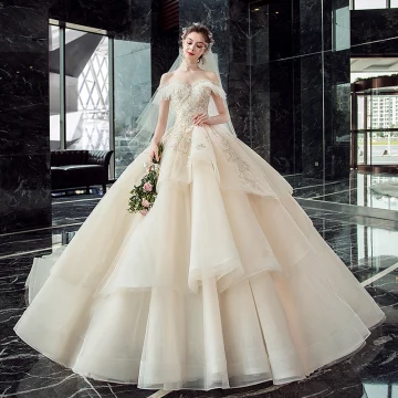 Hermoso Champán Vestidos De Novia 2019 Ball Gown Fuera Del Hombro Manga Corta Sin Espalda Apliques Con Encaje Perla Rebordear Glitter Tul Cathedral Train