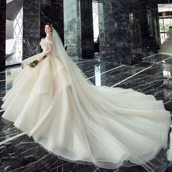 Chic / Beautiful Champagne Wedding Dresses 2019 Ball Gown Off-The-Shoulder Short Sleeve Backless Appliques Lace Pearl Beading Glitter Tulle Cathedral Train
