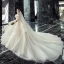 Chic / Beautiful Champagne Wedding Dresses 2019 Ball Gown Off-The-Shoulder Short Sleeve Backless Appliques Lace Pearl Beading Glitter Tulle Cathedral Train